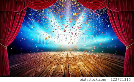 舞台上有聚光燈和紅色窗簾，五彩繽紛的紙屑飄落 122721315