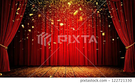 舞台上掛著紅色的窗簾，聚光燈照耀著舞台，金色的五彩紙屑飄落 122721330