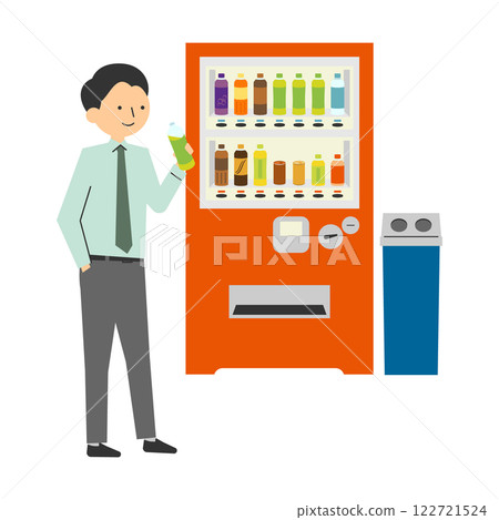 Illustration of a man holding a vending machine and a plastic bottle of drink Illustration of a man holding a vending machine and a plastic bottle of drink 122721524
