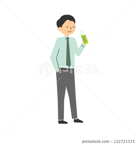 Illustration of a man in business attire holding a plastic bottle of drink in one hand Illustration of a man in business attire holding a plastic bottle of drink in one hand 122721525