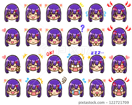 Black hair girl emotion expression icon illustration set 2 122721709