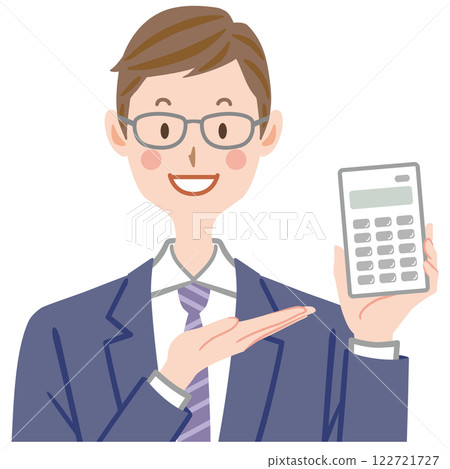 Illustration of a businessman holding a calculator and explaining Illustration of a businessman holding a calculator and explaining 122721727