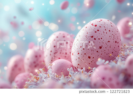 Softly shining pink Easter eggs and spring flowers 122721823