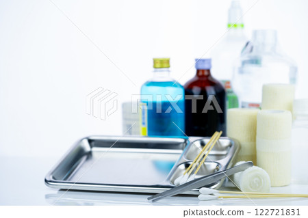 Medical equipment for treating infections. Wound care dressing set. Medical supplies for nurses. Conform bandage, forceps, cotton stick, alcohol. Sterile dressing materials. Healthcare equipment. 122721831