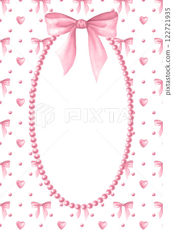 Vertical postcard template with pink beads, hearts, bows and oval necklace, A4. Coquette core. Watercolor isolated hand draw illustration with copy space for text. Romantic invitation, wedding design. 122721935