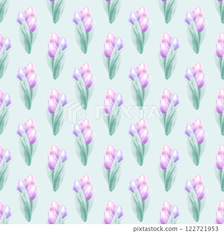 Bouquets of pink and lilac tulips watercolor seamless pattern on light green background. Hand draw delicate pastel flower illustration for Mother and Women Day design, textile, fabric and packaging. Bouquets of pink and lilac tulips watercolor seamless pattern on light green background. Hand draw delicate pastel flower illustration for Mother and Women Day design, textile, fabric and packaging. 122721953