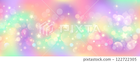 Rainbow pastel sky background. Pink unicorn magic galaxy with glitter. Cute kawaii holographic wallpaper with bokeh. Abstract marble backdrop with sparkle. Vector 122722305
