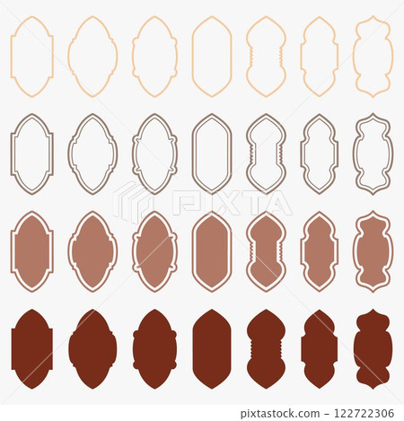 Ramadan shapes of windows and doors design. Islamic arches with Turkish ornament. Muslim oriental templates for banner and decor. Vector symbols 122722306