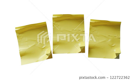 a image of three yellow sticky notes arranged on a plain background. The notes appear slightly crumpled and have a realistic texture 122722362