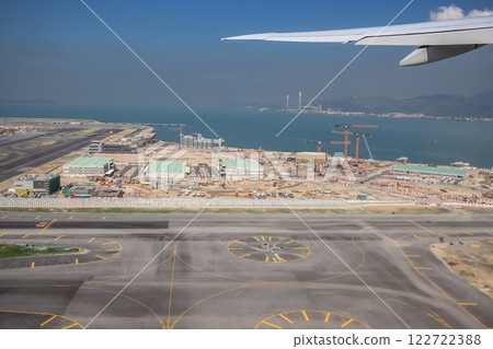 Airport Airfield with Runway, and Airplane Wing, hk Dec 3 2024 Airport Airfield with Runway, and Airplane Wing, hk Dec 3 2024 122722388