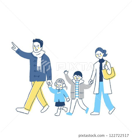 A family of four in winter clothes walking with smiles 122722517