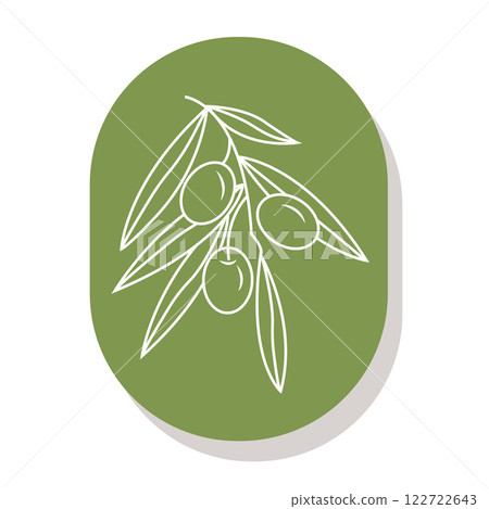 Olive branch in doodle style on oval badge. White line on olive background. Vector illustration isolated on white background. Olive branch in doodle style on oval badge. White line on olive background. Vector illustration isolated on white background. 122722643