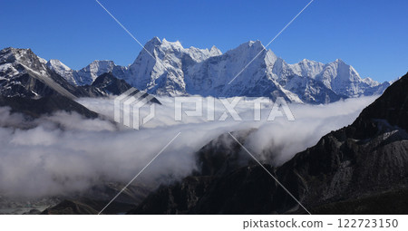 Sea of fog and high mountains Kangtega and Thamserku seen from Renjo La, Nepal. 122723150