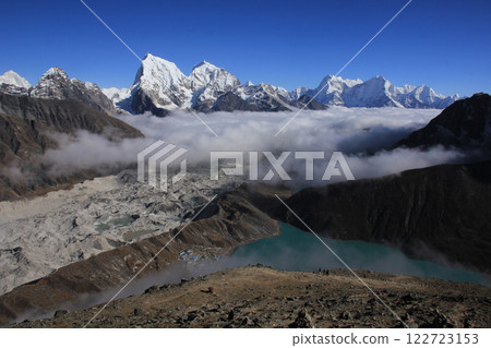 Dudh Pokhari, turquoise lake in Gokyo and sea of fog, Nepal. Dudh Pokhari, turquoise lake in Gokyo and sea of fog, Nepal. 122723153