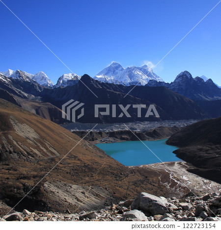 Lake Gokyo and Mount Everest seen from Renjo La pass, Nepal. 122723154
