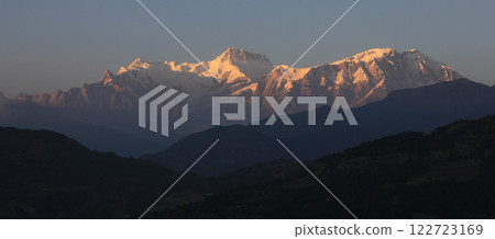 Peaks of the Annapurna Range at sunset. 122723169
