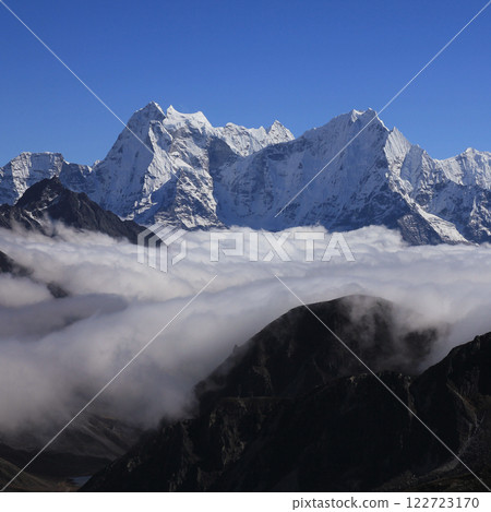 Sea of fog and high mountains Kangtega and Thamserku, Nepal. 122723170