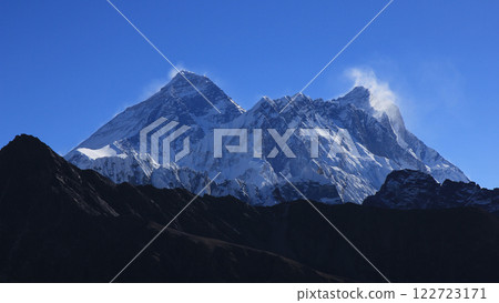 Wind blowing snow over Mount Everest and Lhotse, Nepal. Wind blowing snow over Mount Everest and Lhotse, Nepal. 122723171