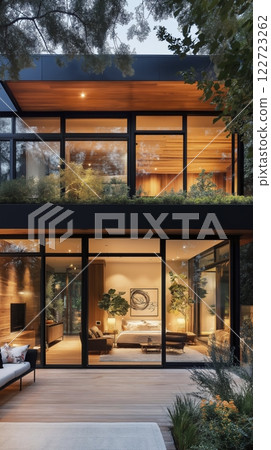 Modern architectural marvel showcases harmonious blend of nature and contemporary design during golden hour. Generative AI 122723262