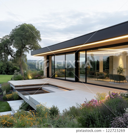 Modern home with large windows surrounded by lush gardens at dusk offering a serene and inviting atmosphere for relaxation. Generative AI 122723269