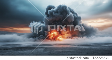Dramatic eruption captures a stunning display of fire and smoke under a moody twilight sky. Generative AI 122723370
