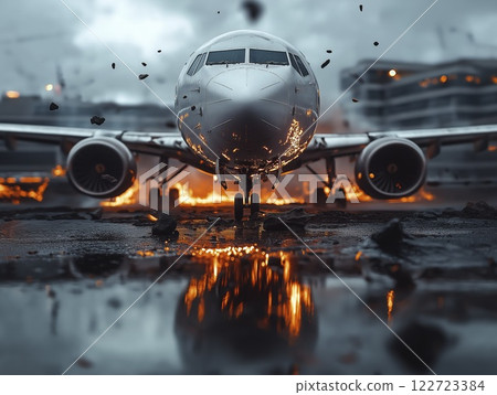 Aircraft emerges from flames, showcasing resilience amidst chaos in an industrial landscape. Generative AI 122723384