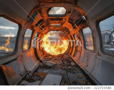 Ruins of a fiery aircraft interior amidst desolation and destruction, captured in a haunting moment of chaos. Generative AI 122723386