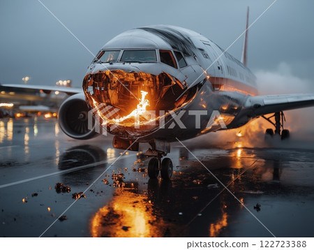 Fire engulfs aircraft at runway during stormy evening, showcasing dramatic emergency response efforts. Generative AI Fire engulfs aircraft at runway during stormy evening, showcasing dramatic emergency response efforts. Generative AI 122723388
