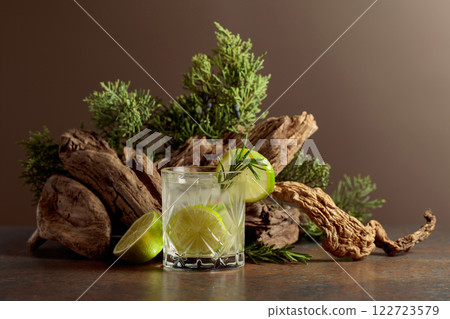Cocktail: gin and tonic with ice, lime, and rosemary. Cocktail: gin and tonic with ice, lime, and rosemary. 122723579