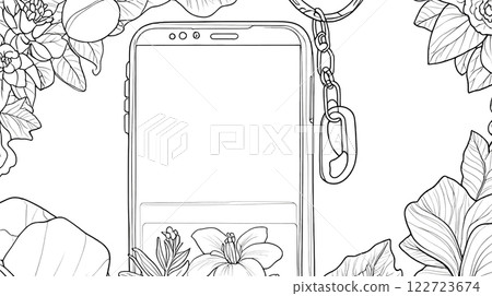 coloring page for adults, outline no color fill frame, phone screen, phone with key rings from 2000 122723674