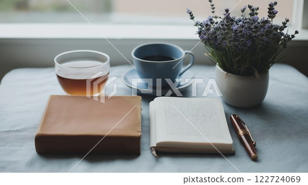 Mindful moments with a leather journal, calming tea, and lavender sachets for a digital detox on a serene afternoon Mindful moments with a leather journal, calming tea, and lavender sachets for a digital detox on a serene afternoon 122724069