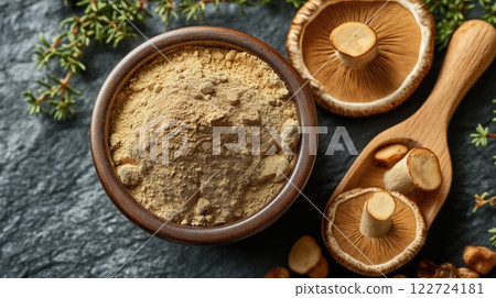 Mushroom elixir powder in a jar with wooden scoop and fresh mushrooms on slate, emphasizing natural wellness for Valentines Day 122724181