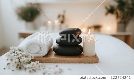 Relaxing spa setting with smooth black stones and calming ambiance for a perfect Valentines Day getaway 122724241