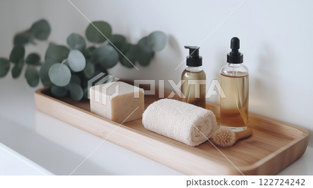 Spa essentials displayed on a reclaimed wood tray with natural elements for a relaxing atmosphere on Valentines Day 122724242