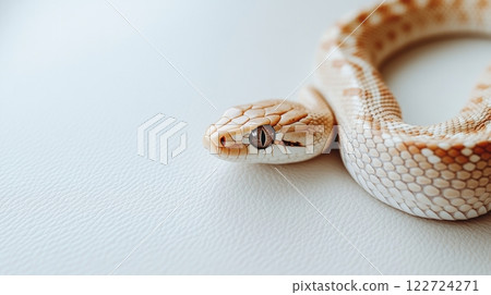 Close-up of snake's head and body on white surface. Reptilian texture and natural patterns. 122724271
