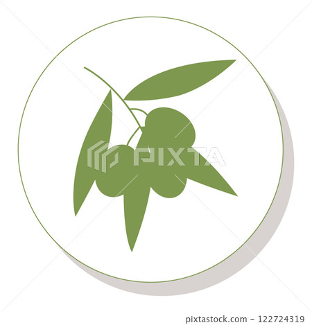 Olive branch silhouette on round badge. White line on olive background. Vector illustration isolated on white background. 122724319