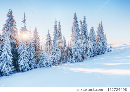 Fantastic winter landscape. Magic sunset in the mountains a frosty day. On the eve of the holiday. The dramatic scene. Carpathian, Ukraine, Europe. 122724498