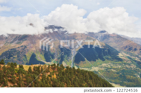 Thick fog on the mountain pass Goulet. Autumn Landscape. Georgia, Svaneti. Caucasus mountains Thick fog on the mountain pass Goulet. Autumn Landscape. Georgia, Svaneti. Caucasus mountains 122724516