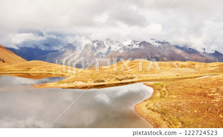 Koruldi mountain lake. Upper Svaneti, Georgia, Europe Caucasus mountains. Koruldi mountain lake. Upper Svaneti, Georgia, Europe Caucasus mountains. 122724523