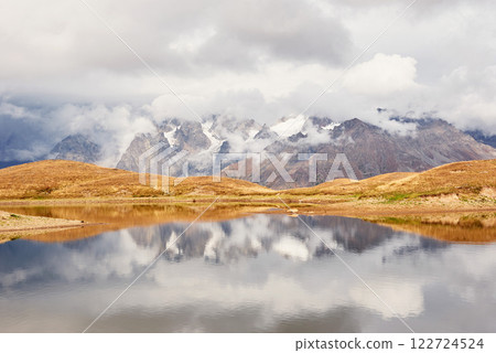 Koruldi mountain lake. Upper Svaneti, Georgia, Europe Caucasus mountains. Koruldi mountain lake. Upper Svaneti, Georgia, Europe Caucasus mountains. 122724524