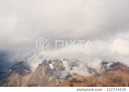 Thick fog on the mountain pass Goulet. Autumn Landscape. Georgia, Svaneti. Caucasus mountains Thick fog on the mountain pass Goulet. Autumn Landscape. Georgia, Svaneti. Caucasus mountains 122724526