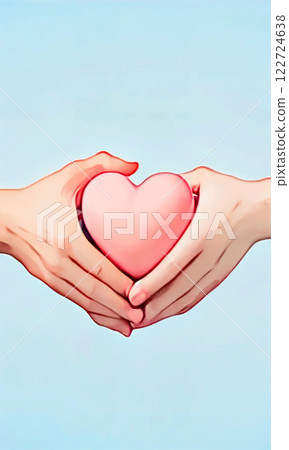 A pink heart between masculine and feminine hands. AI generated image. 122724638