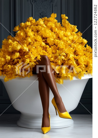 Elegant woman legs relaxes in luxurious bathtub, golden heels complementing vibrant flowers. Soft lighting highlights woman poised legs, luxurious bathtub with flowers. 122724862