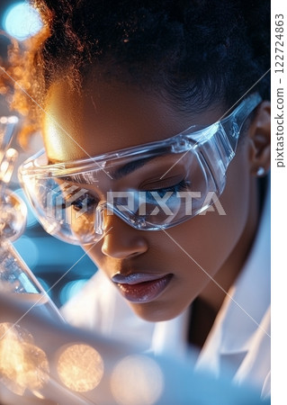 Afro-American woman scientist focuses on projections, technology fuels medical AI progress, reflections highlight research, woman scientist advances technology, medical AI breakthroughs. 122724863