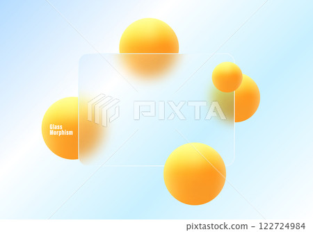 Website landing page template in glass morphism style. Partition of translucent material with levitating spheres. Website landing page template in glass morphism style. Partition of translucent material with levitating spheres. 122724984