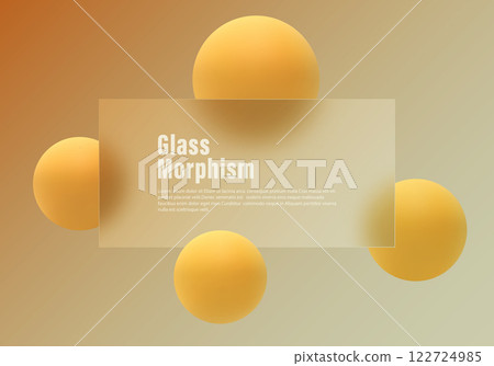 Glass morphism website landing page template. Frosted glass partition with floating golden spheres. 122724985