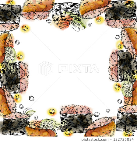 Traditional Japanese food, gunkan inari sushi with raw fish salmon tuna crab, caviar cucumber ginger hand drawn in watercolor, ink. Square border frame for restaurant, cafe menu, kitchen, recipe book 122725054
