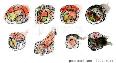 Traditional Japanese food, california philadelphia alaska sushi rolls with raw fish salmon unagi tuna shrimp, hand drawn in watercolor and ink. Set of elements for restaurant, cafe menu, recipe book Traditional Japanese food, california philadelphia alaska sushi rolls with raw fish salmon unagi tuna shrimp, hand drawn in watercolor and ink. Set of elements for restaurant, cafe menu, recipe book 122725055