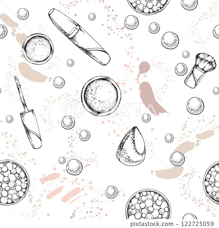 Nude make-up paint palette powder balls, blush eyeshadow, concealer brush sponge. Detailed hand drawn line vector ink sketch, isolated seamless pattern. Beauty parlor salon, packaging, cosmetics shop 122725059