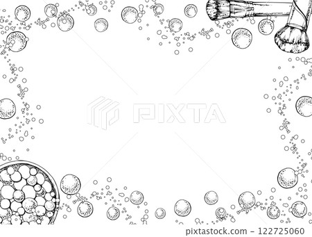 Make-up paint in nude palette powder blush eye shadow balls, thick blending brush. Isolated border frame, detailed hand drawn line vector ink sketch. Beauty parlor salon, packaging, cosmetics shop 122725060